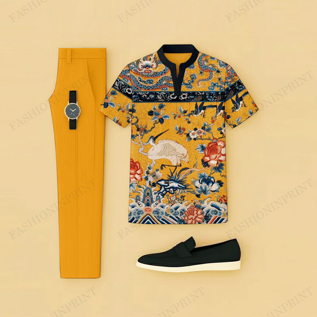 Men's Casual Yellow Printed Short-Sleeve T-Shirt And Pants Two-Piece Set