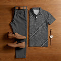 Men's Casual Dark Gray Plaid Printed Polo Shirt And Pants Two-Piece Set
