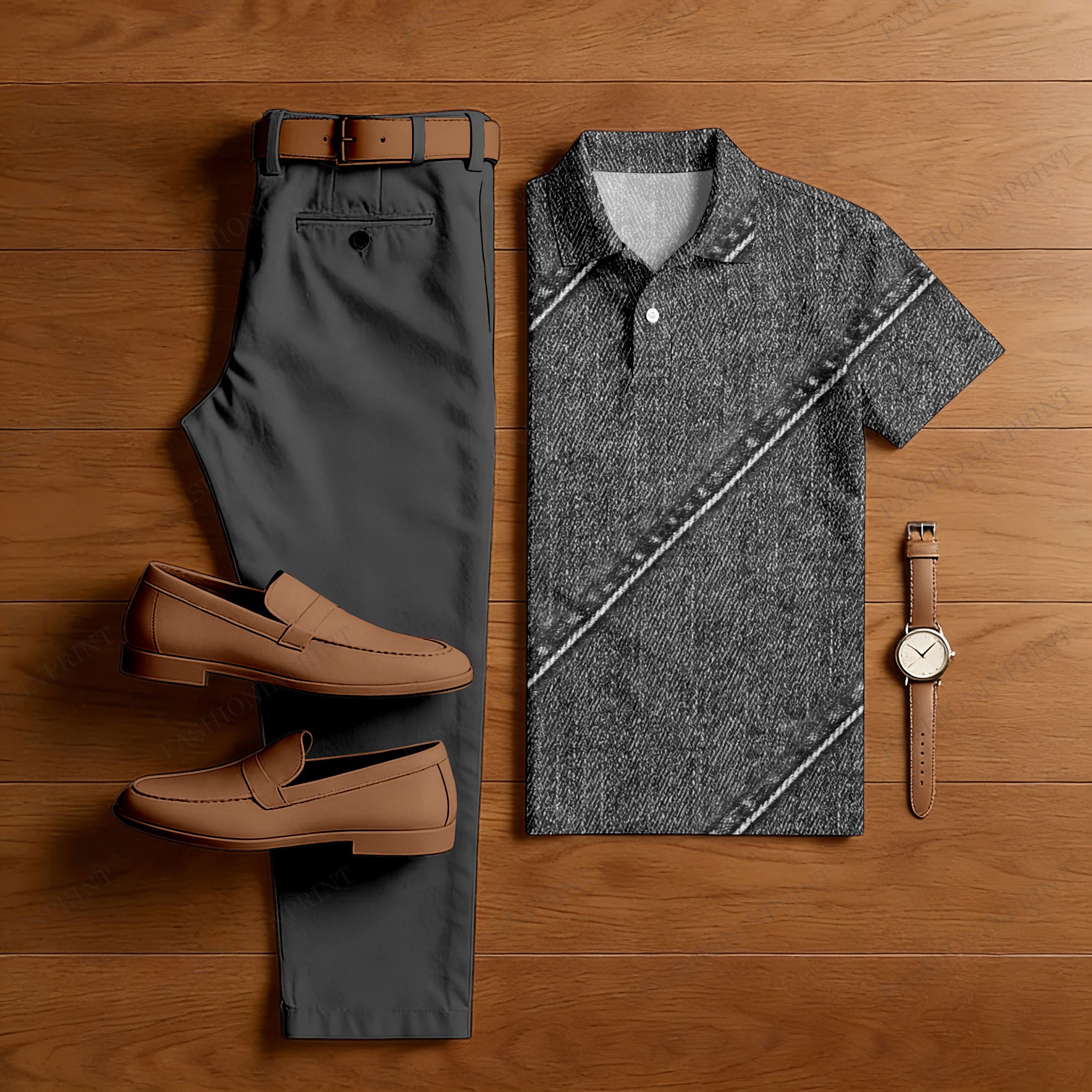 Men's Casual Dark Gray Plaid Printed Polo Shirt And Pants Two-Piece Set