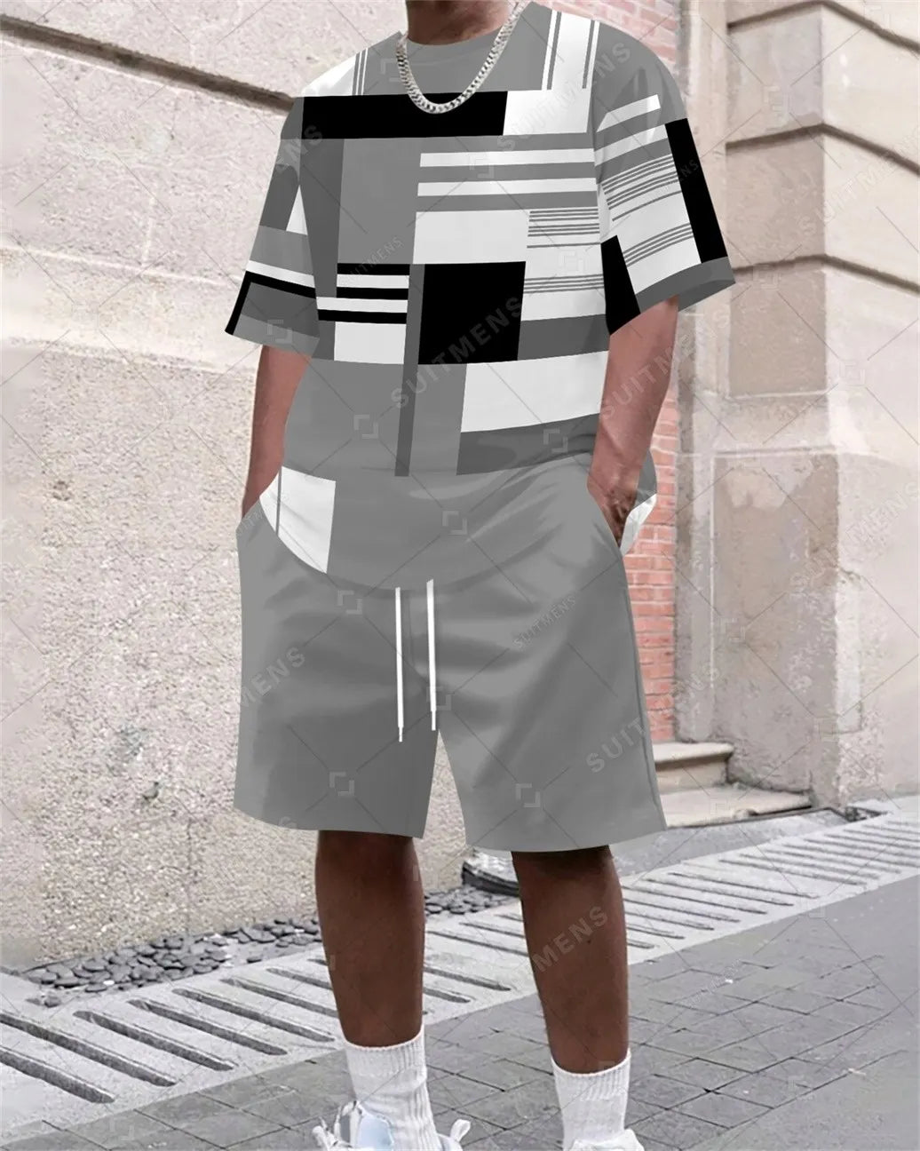 Men's Summer Color Matching Print Round Neck Set 309