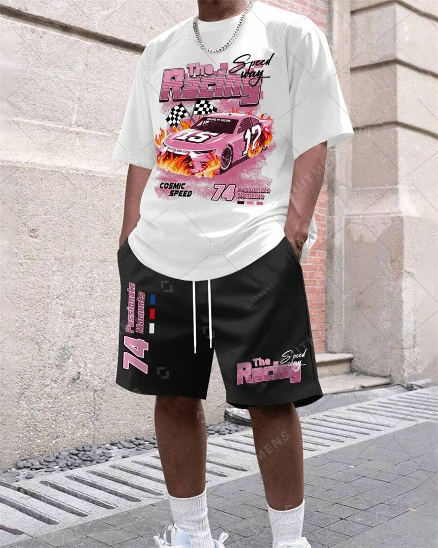 Men's Summer Car Print Round Neck Set 260