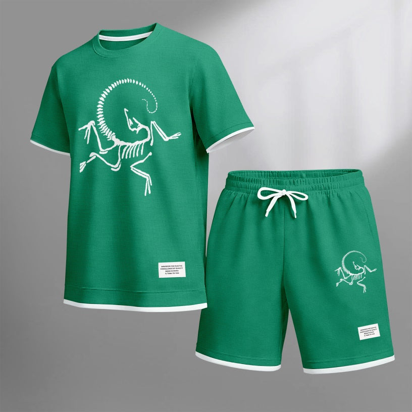 Men's Skeleton Bird Print Waffle Fabric Short-Sleeved Shirt And Shorts Set