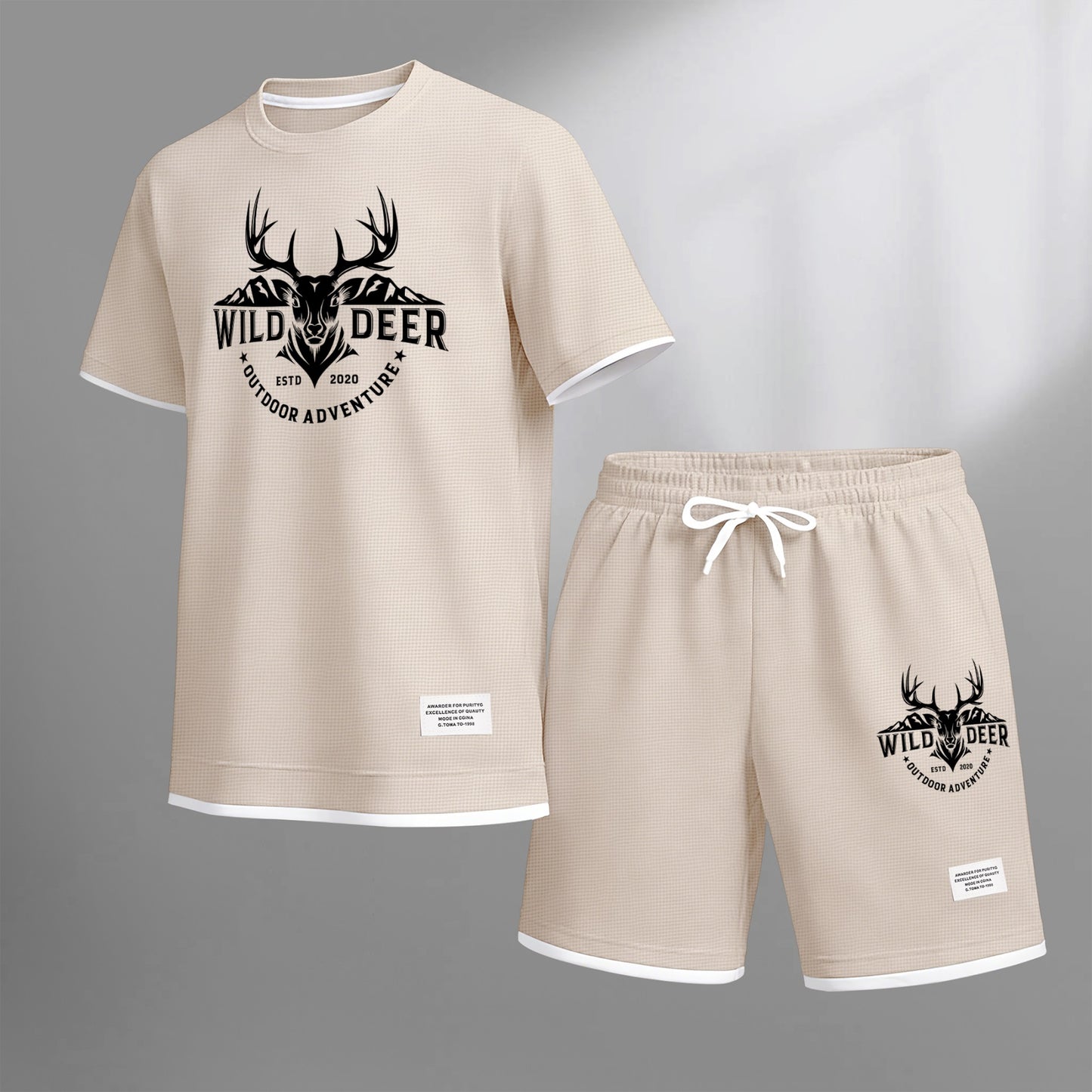 Men's Wild Deer Graphic Print Waffle Short Sleeve T-Shirt & Shorts Set, Summer Lightweight Outdoor Adventure Sporty Casual Two-Piece Outfit, Streetwear for Gym & Daily Wear