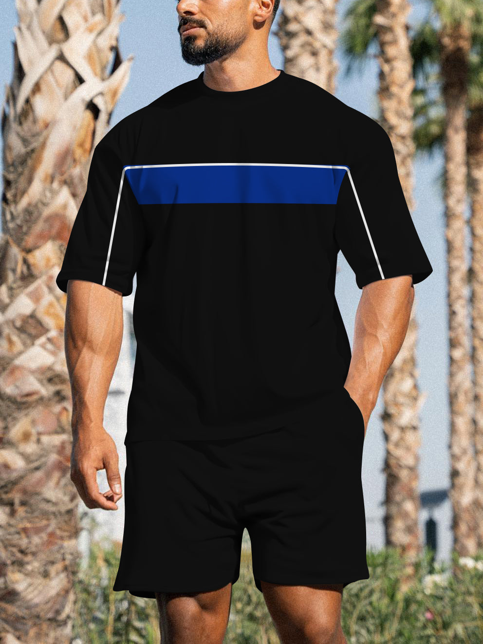 Men's Casual Sports Street Simple Color Block Printed Shorts Suit 011