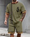 Men's Summer Colorblock Printed Round Neck Suit 074