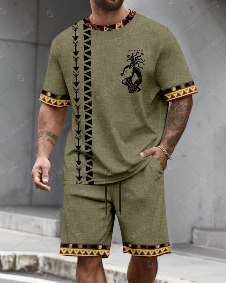 Men's Summer Colorblock Printed Round Neck Suit 074