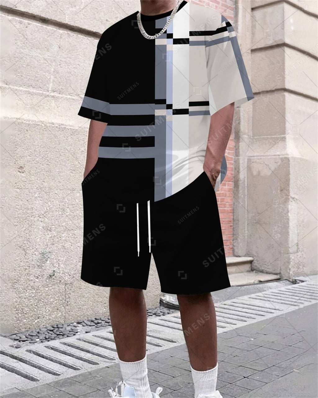 Men's Summer Color Matching Print Round Neck Set 317