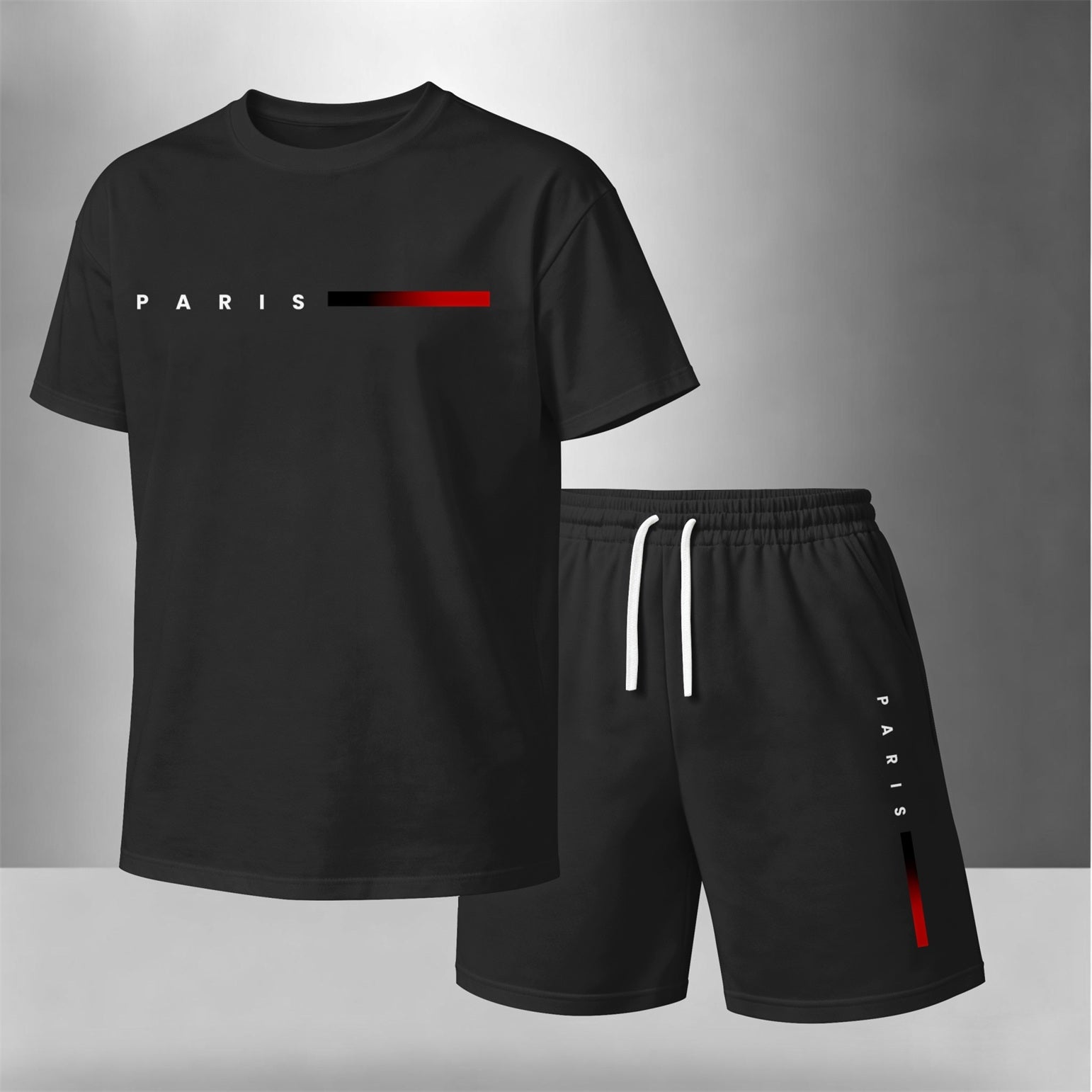 Men’s Summer 2 Piece Set, PARIS Letter Print Short Sleeve T Shirt and Drawstring Shorts Matching Outfit, Lightweight Breathable Casual Set for Travel, Streetwear, Beach, Vacation, and Daily Wear