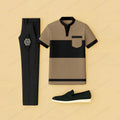Men's Casual Khaki & Black Printed Short-Sleeve T-Shirt And Pants Two-Piece Set
