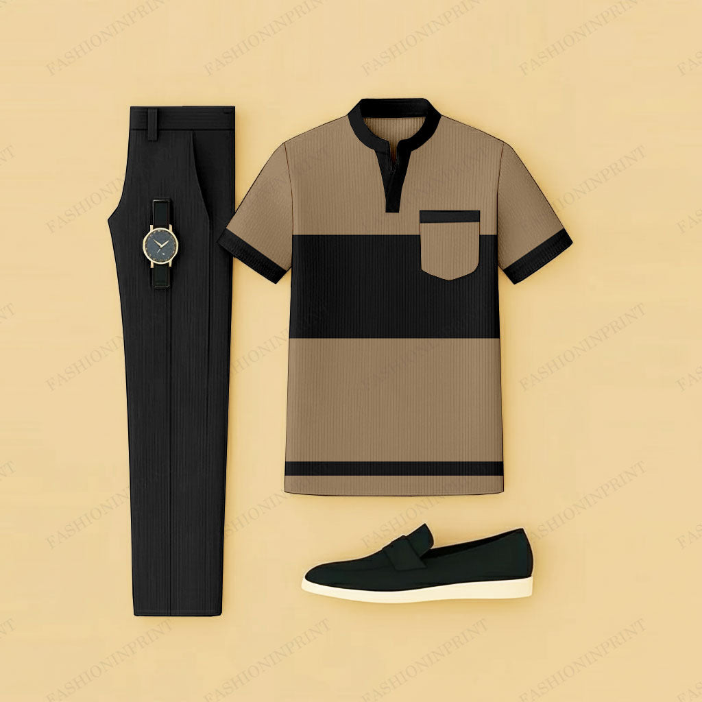 Men's Casual Khaki & Black Printed Short-Sleeve T-Shirt And Pants Two-Piece Set