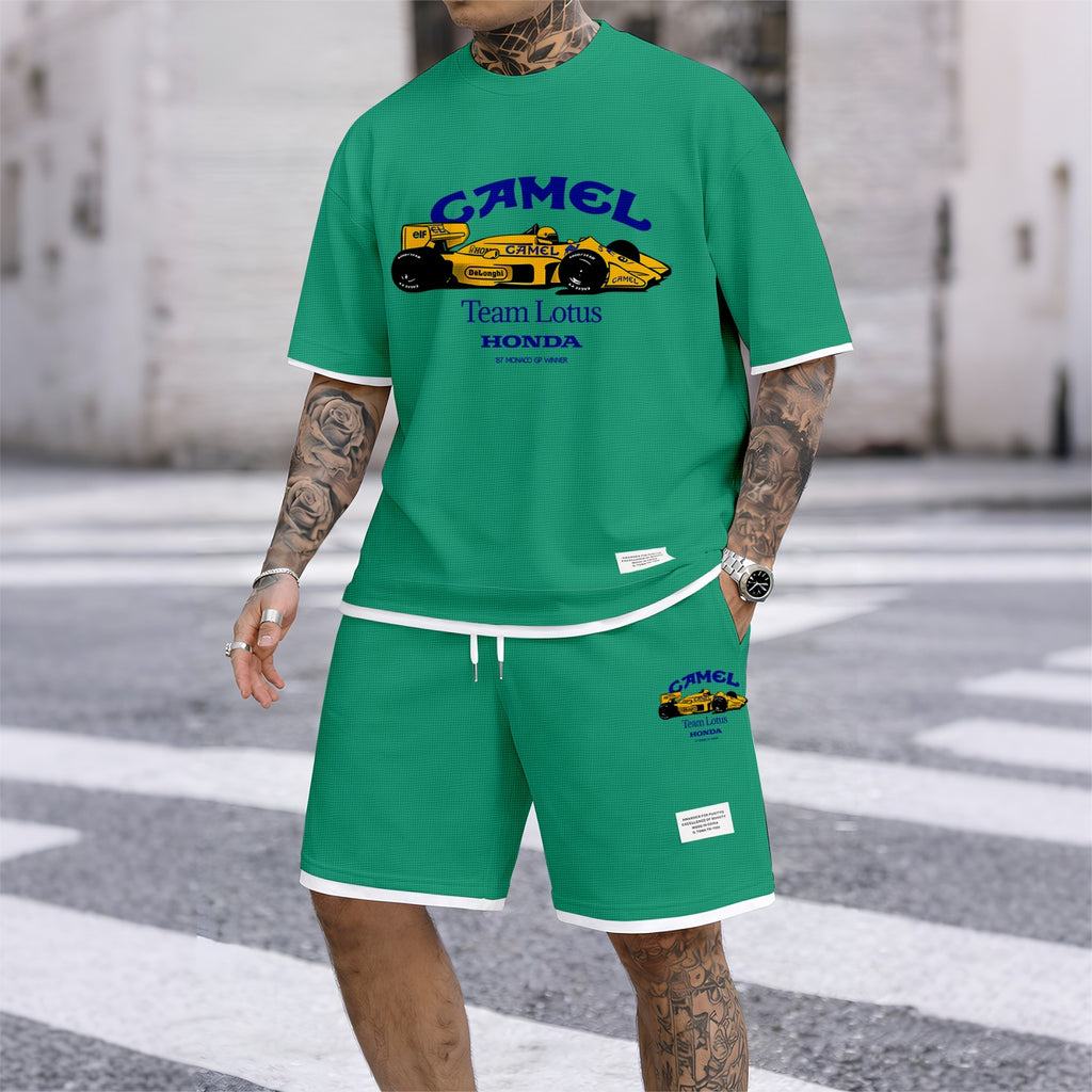 Men's Classic Racing Print Waffle Fabric Short-Sleeved Shirt And Shorts Set