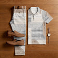 Men's Casual Multi Khaki Color Matching Geometric Printed Short Sleeved Polo Shirt & Trousers Two-Piece Set