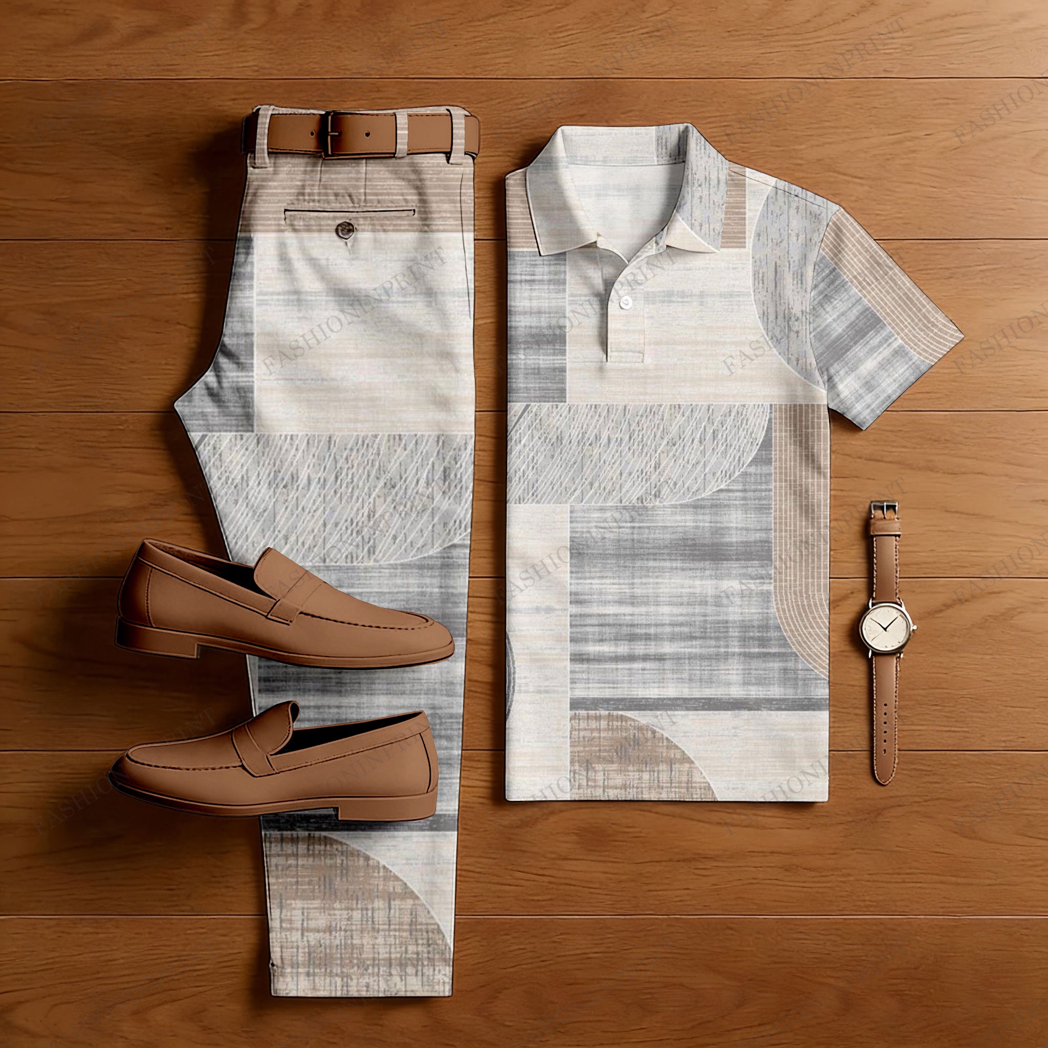 Men's Casual Multi Khaki Color Matching Geometric Printed Short Sleeved Polo Shirt & Trousers Two-Piece Set