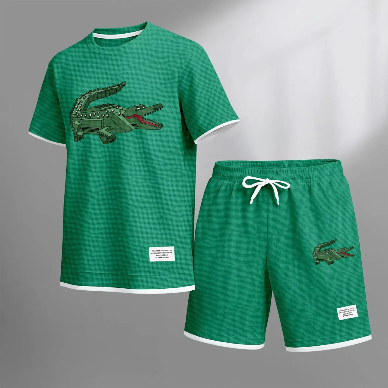 Men's Mechanical Crocodile Print Waffle Fabric Short-Sleeved Shirt And Shorts Set
