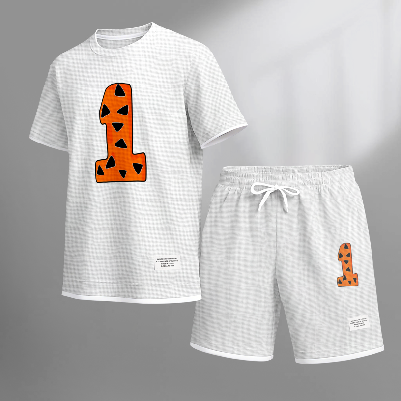 Men's Casual Style Number “1” Print Waffle Fabric Short-Sleeved Shirt And Shorts Set