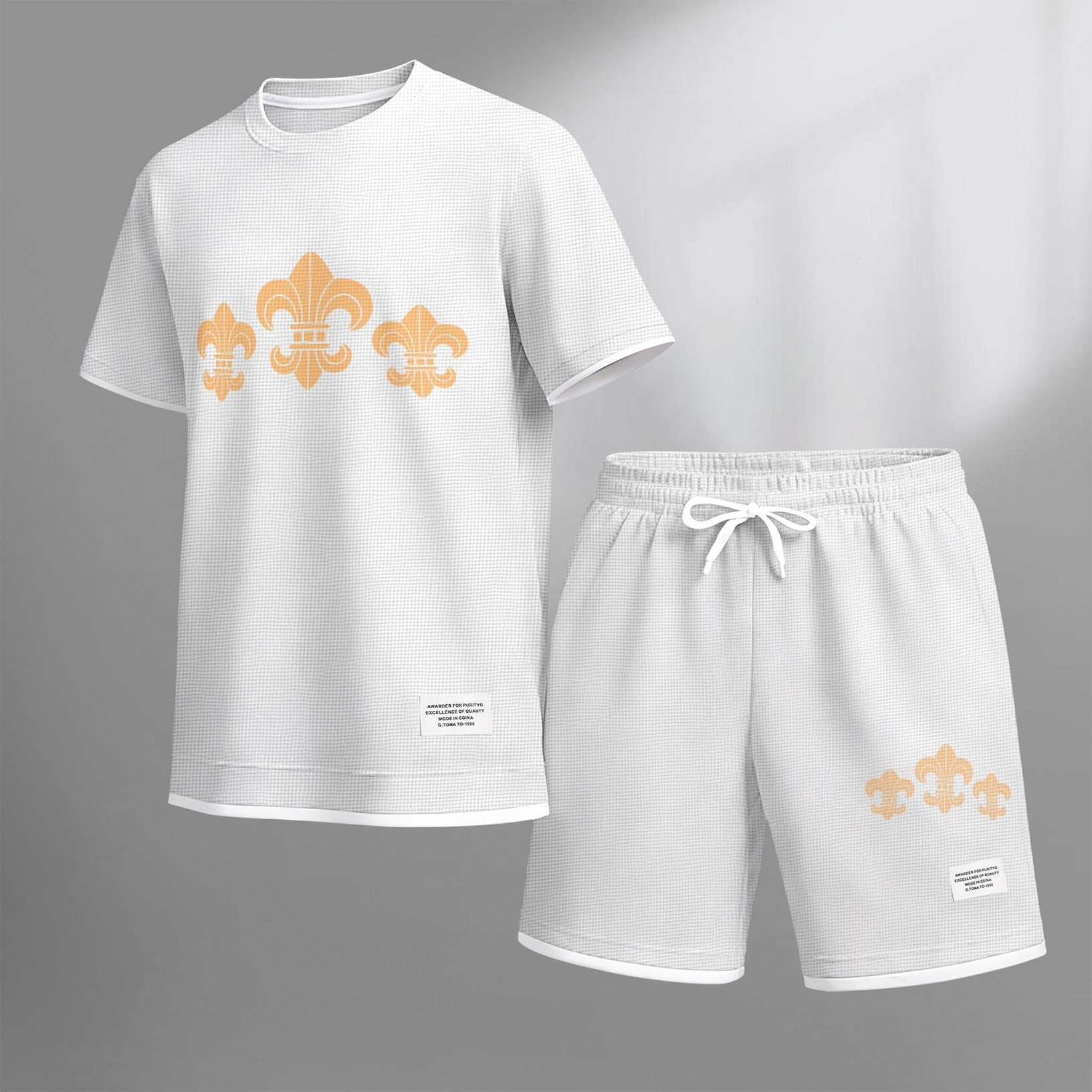 Men's Classic Iris print drawstring shorts set for spring/summer, a casual summer outfit including a short-sleeved shirt and shorts, suitable for everyday wear and sports. A two-piece set for a relaxed and energetic lifestyle.