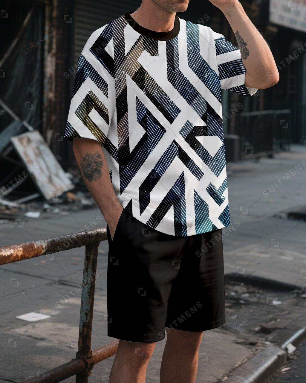 Men's Summer Colorblock Printed Round Neck Suit 017