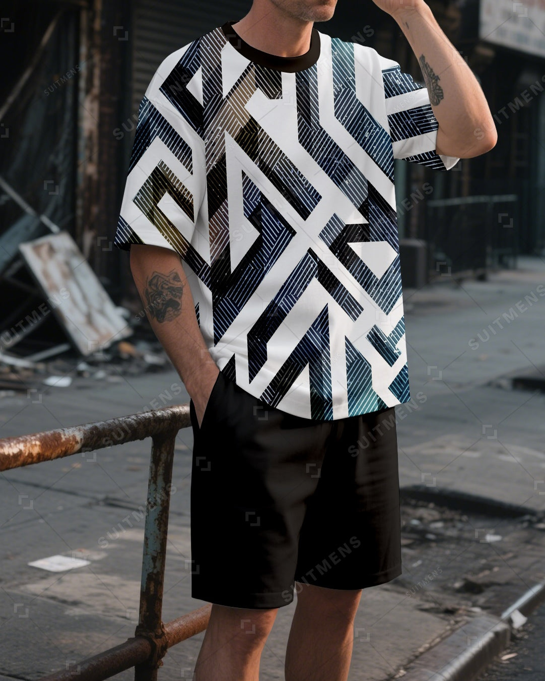 Men's Summer Colorblock Printed Round Neck Suit 017