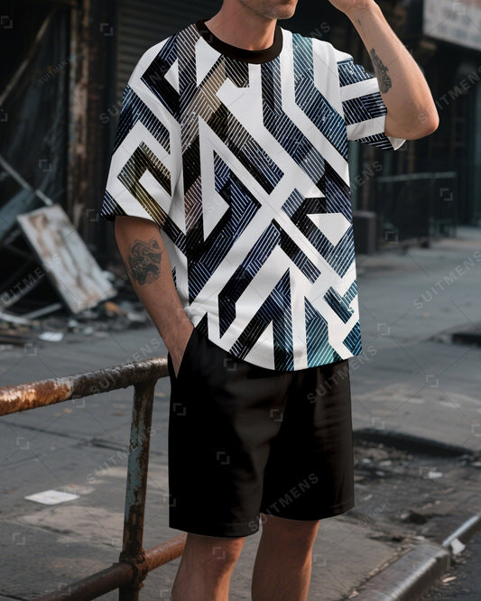 Men's Summer Colorblock Printed Round Neck Suit 017