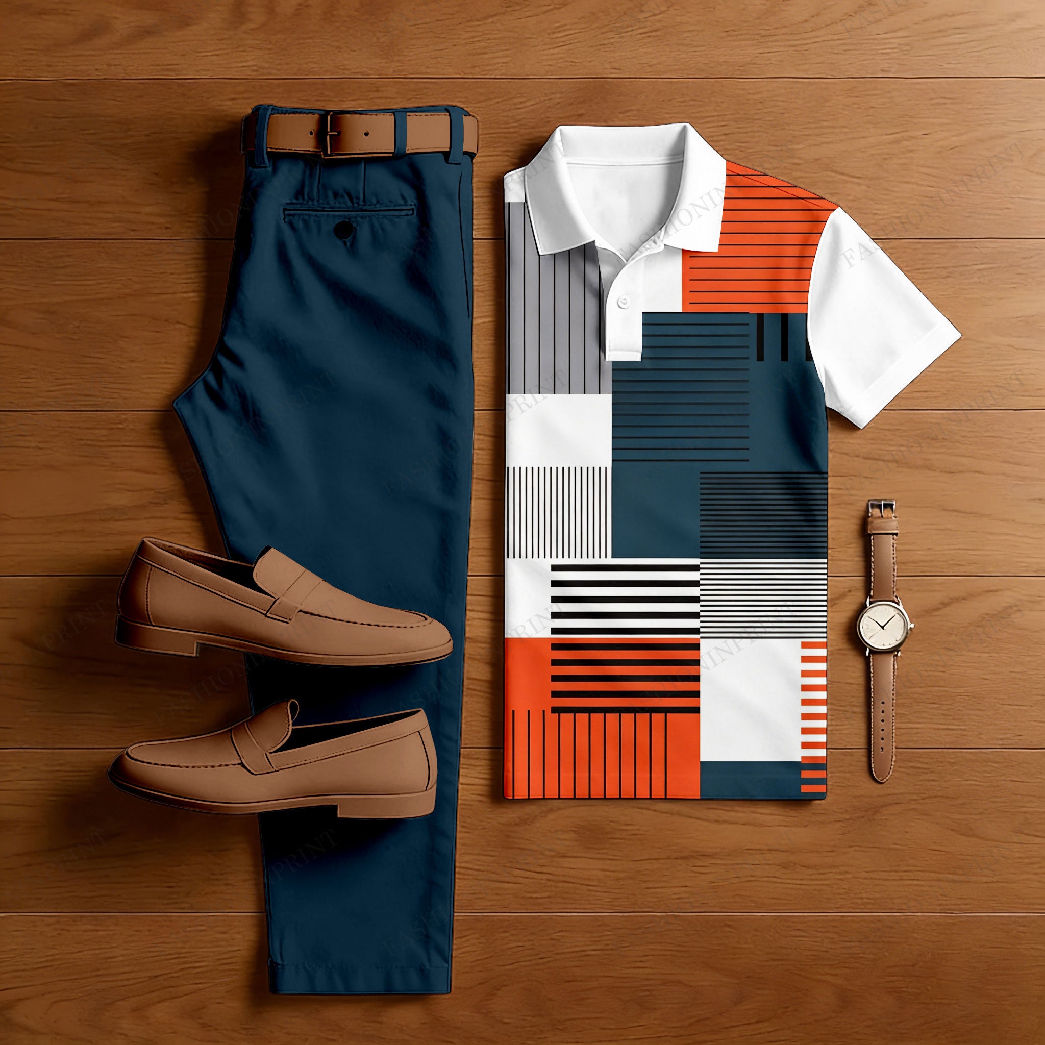 Men's Casual Color-Blocked Geometric Printed Polo Shirt And Pants Two-Piece Set