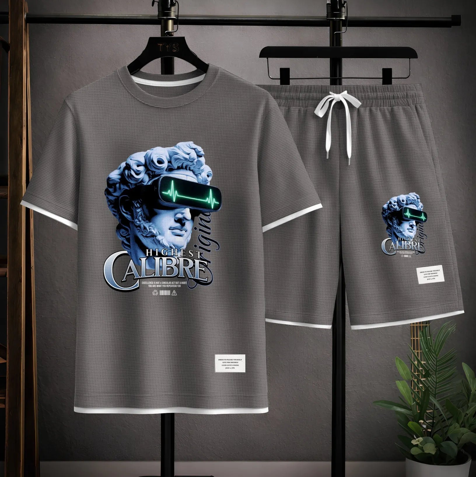 Men's Vintage Statue Graphic Print Short Sleeve Shirt and Drawstring Shorts Set, Casual Summer Two-Piece Outfit, Lightweight Breathable Relaxed Fit Sportswear for Daily Wear, Beach, Vacation, Travel, Loungewear