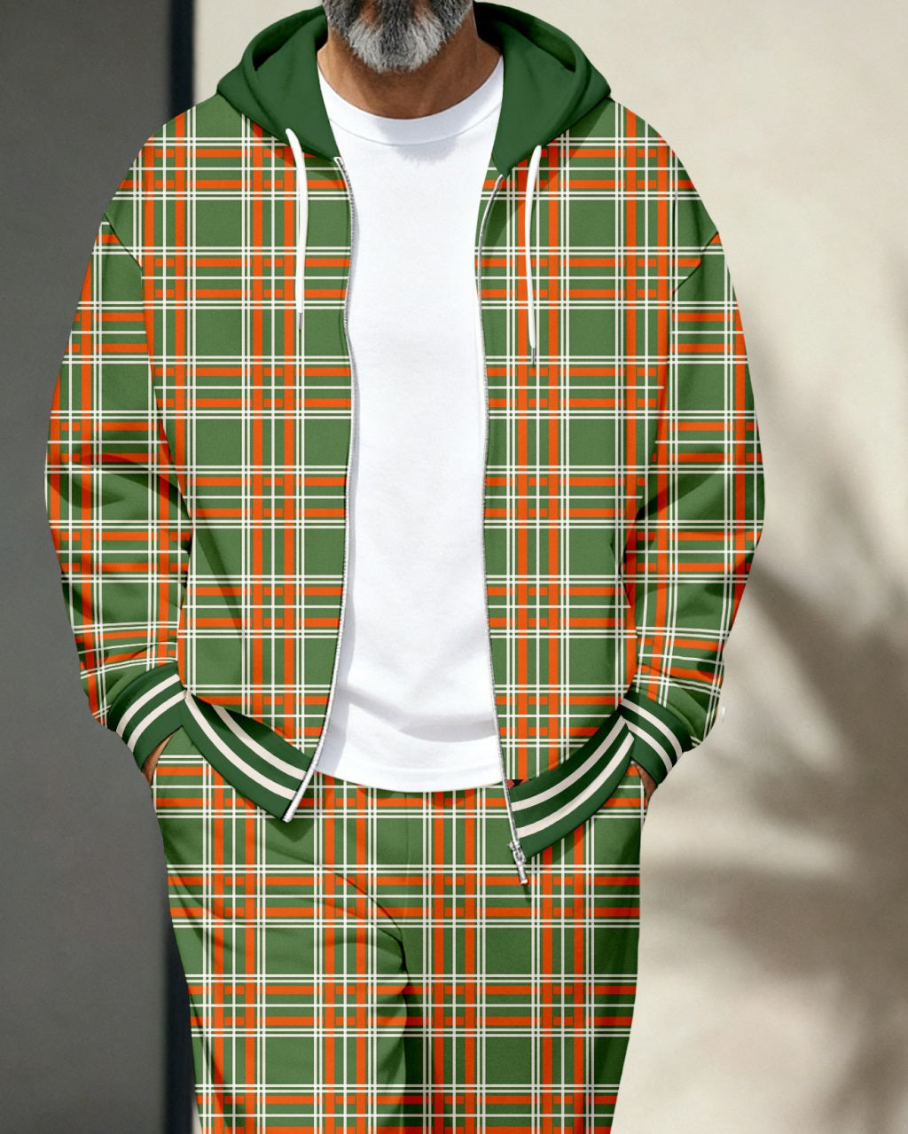 Men's Retro Luxury Thickened Fleece Colorblock Jacket Sports Hoodie Set 05