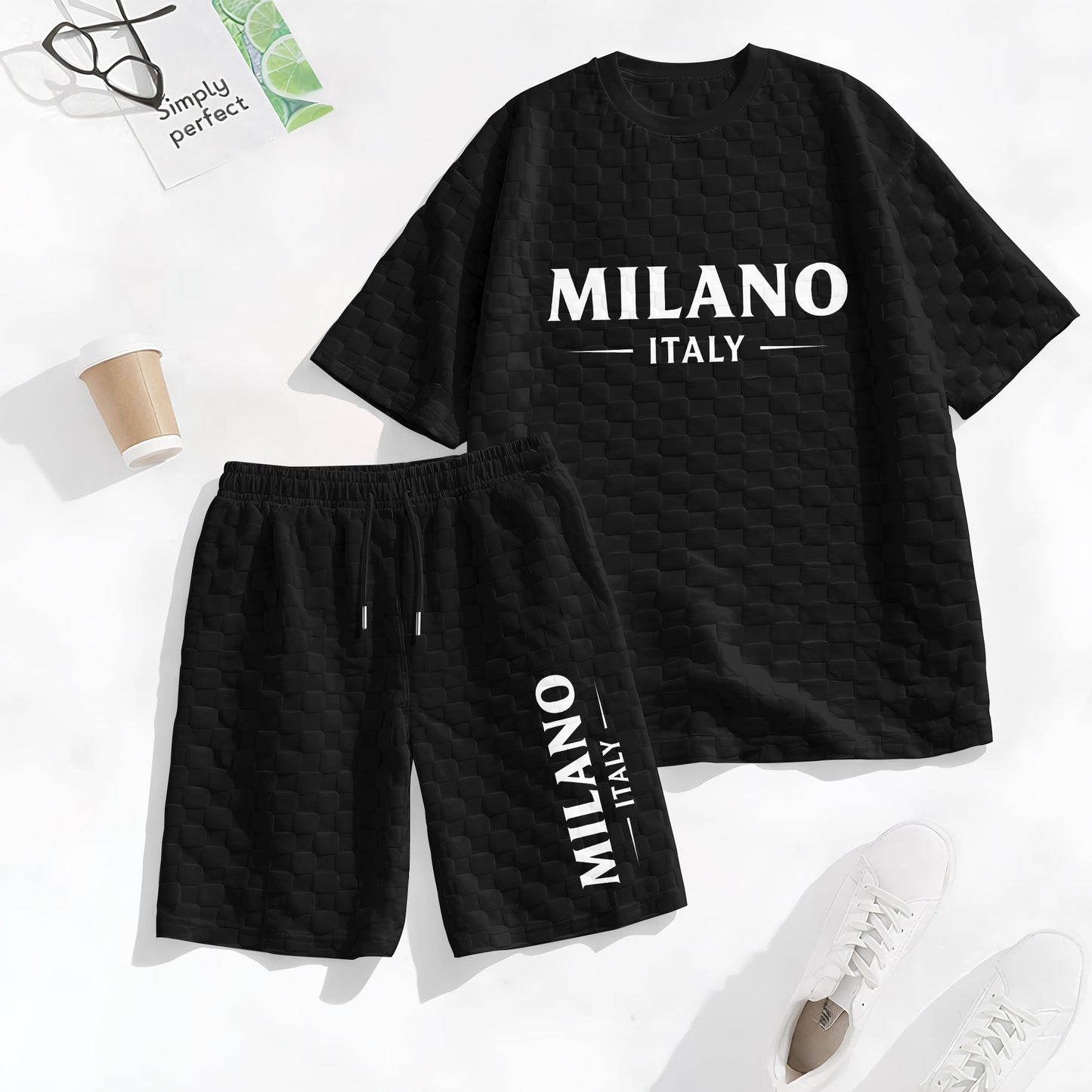 Men's Spring and Summer Milan Letter Print Checkered Fabric Drawstring Shorts Set, Casual Summer Outfit with Short-Sleeved Shirt and Shorts, Ideal for Everyday Wear and Sports Activities.