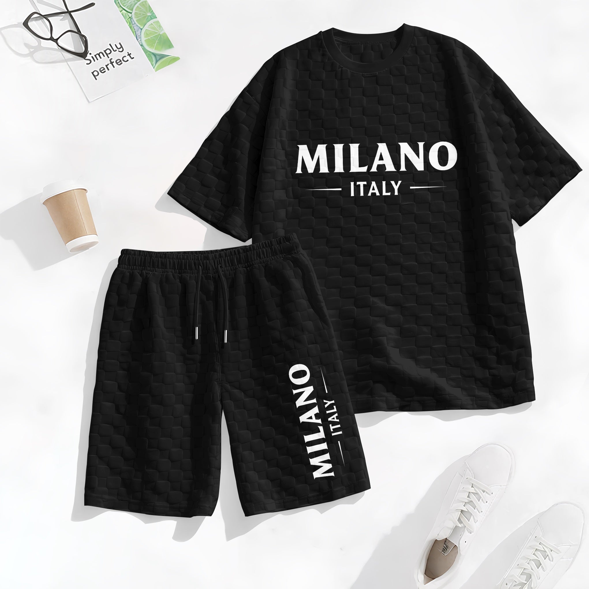 Men's Spring and Summer Milan Letter Print Checkered Fabric Drawstring Shorts Set, Casual Summer Outfit with Short-Sleeved Shirt and Shorts, Ideal for Everyday Wear and Sports Activities.