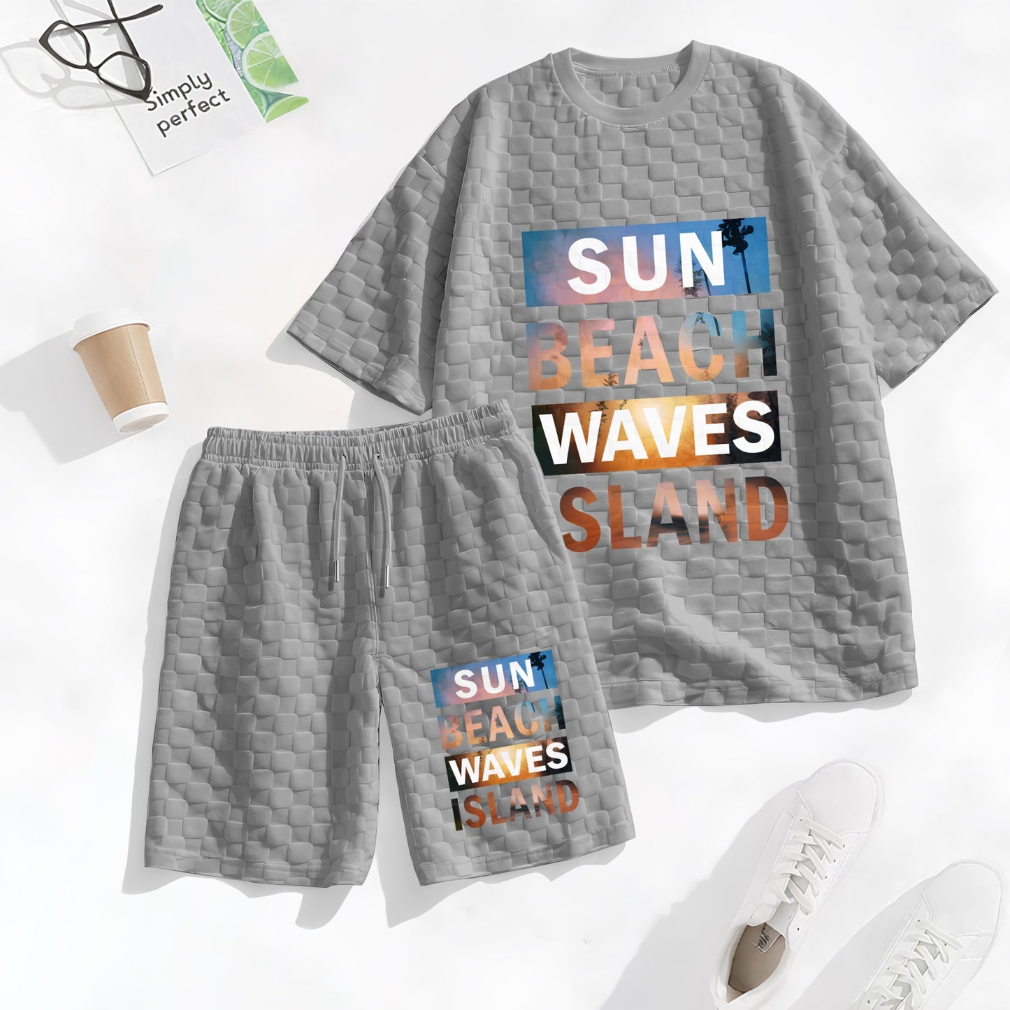 Men's Resort Print Spring And Summer Drawstring Shorts Set, A Casual Summer Outfit, Including A Short-Sleeved Shirt And Shorts, Suitable For Everyday Wear And Sports Activities.
