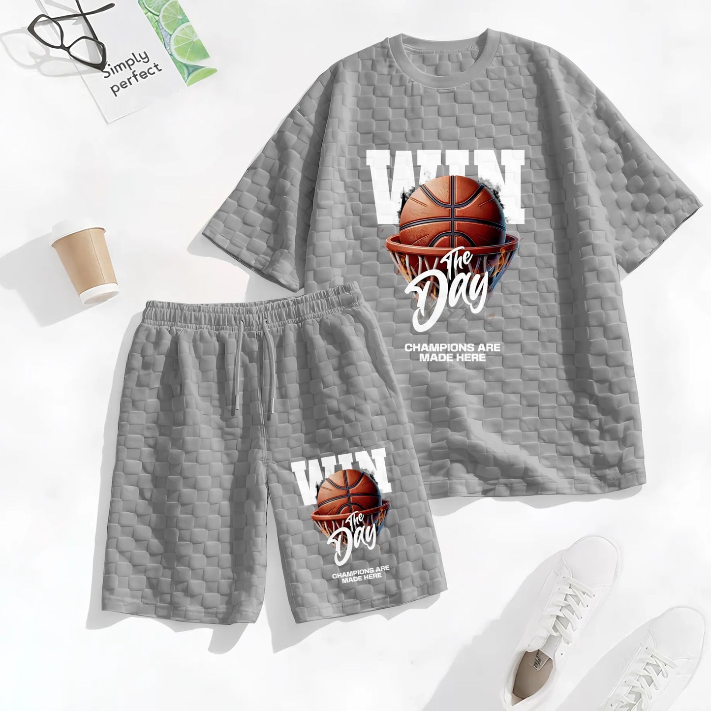 Men's Basketball Graphic Print Spring And Summer Drawstring Shorts Set, A Casual Summer Outfit, Including A Short-Sleeved Shirt And Shorts, Suitable For Everyday Wear And Sports Activities.