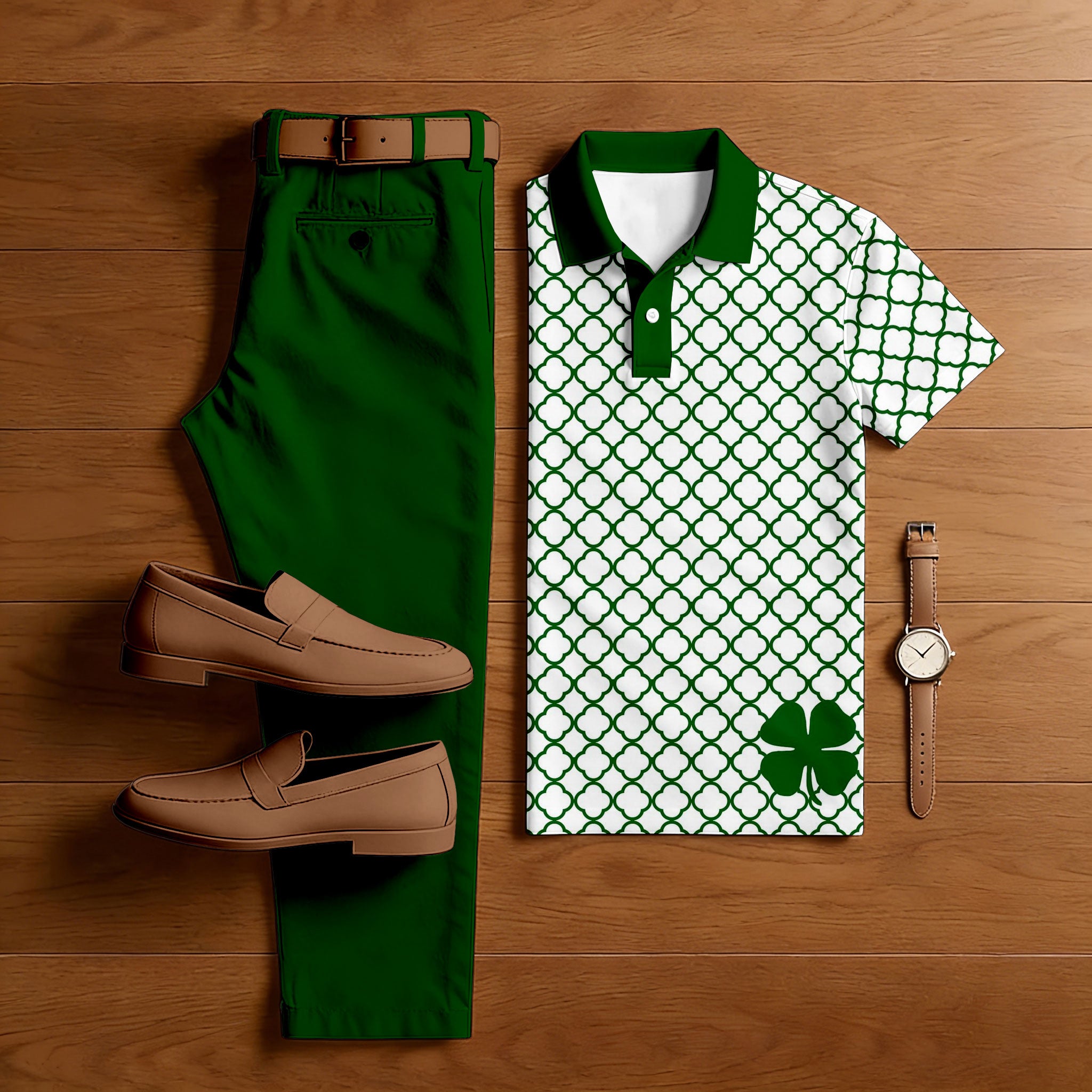 Men's Casual Green & White Color Matching St. Patrick's Day Checkered Printed Short Sleeved Polo Shirt & Trousers Two-Piece Set