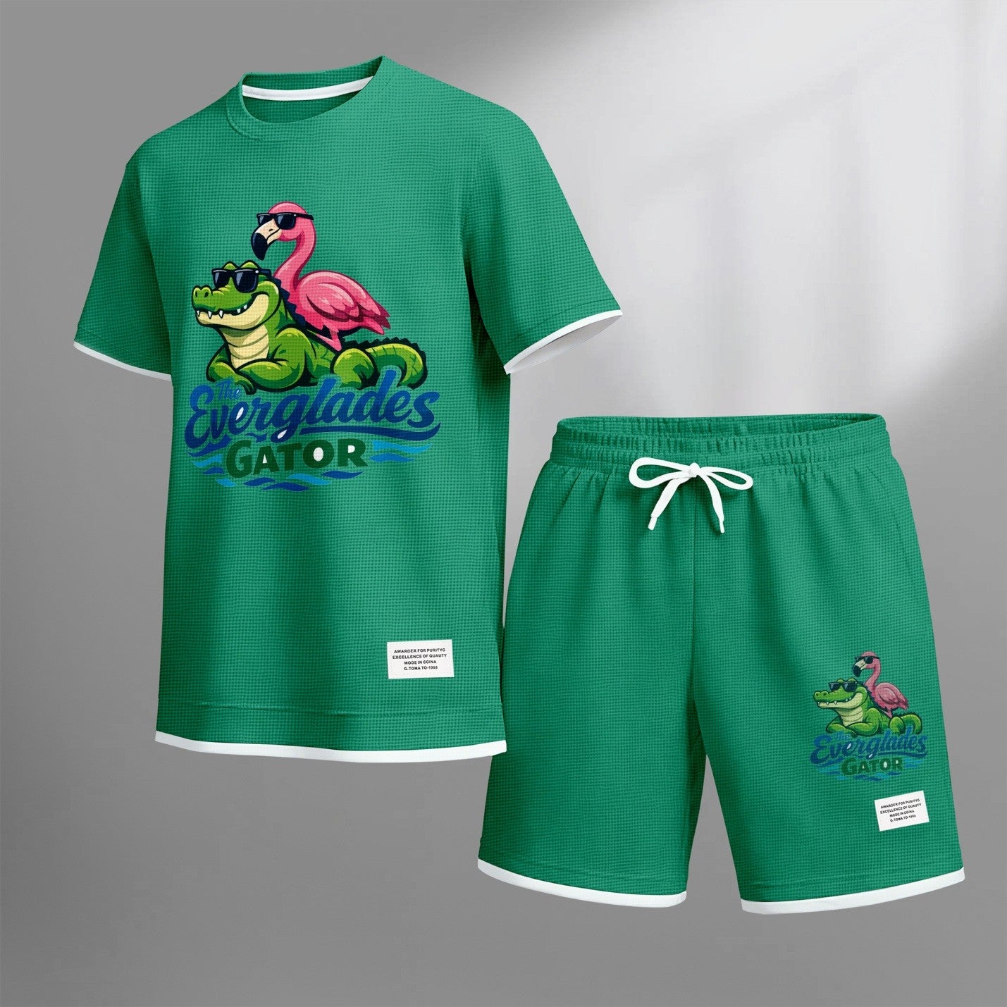 Men's Amusing Animals print drawstring shorts set for spring/summer, a casual summer outfit including a short-sleeved shirt and shorts, suitable for everyday wear and sports. A two-piece set for a relaxed and energetic lifestyle.