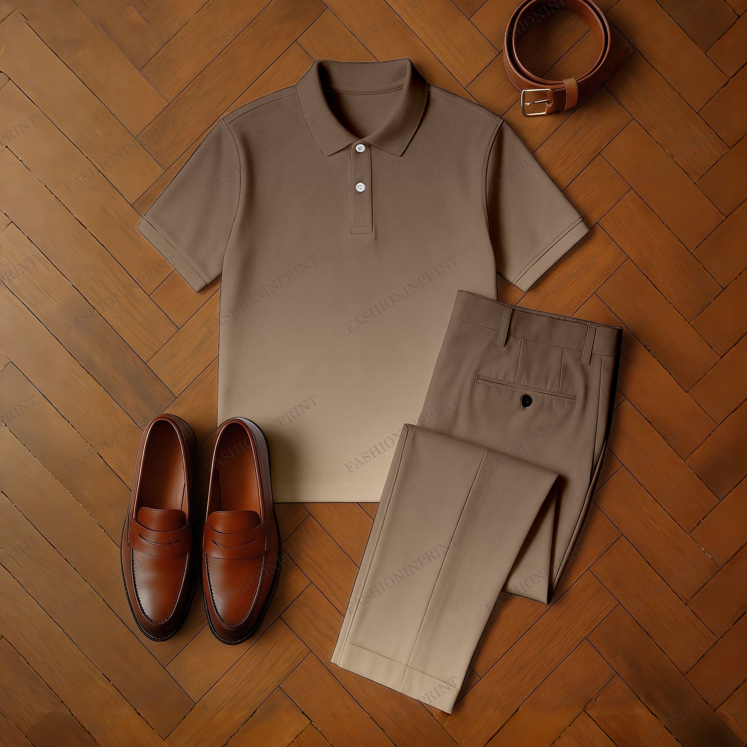 Men's Casual Brown Gradient White Color Matching Printed Short Sleeved Polo Shirt & Trousers Two-Piece Set