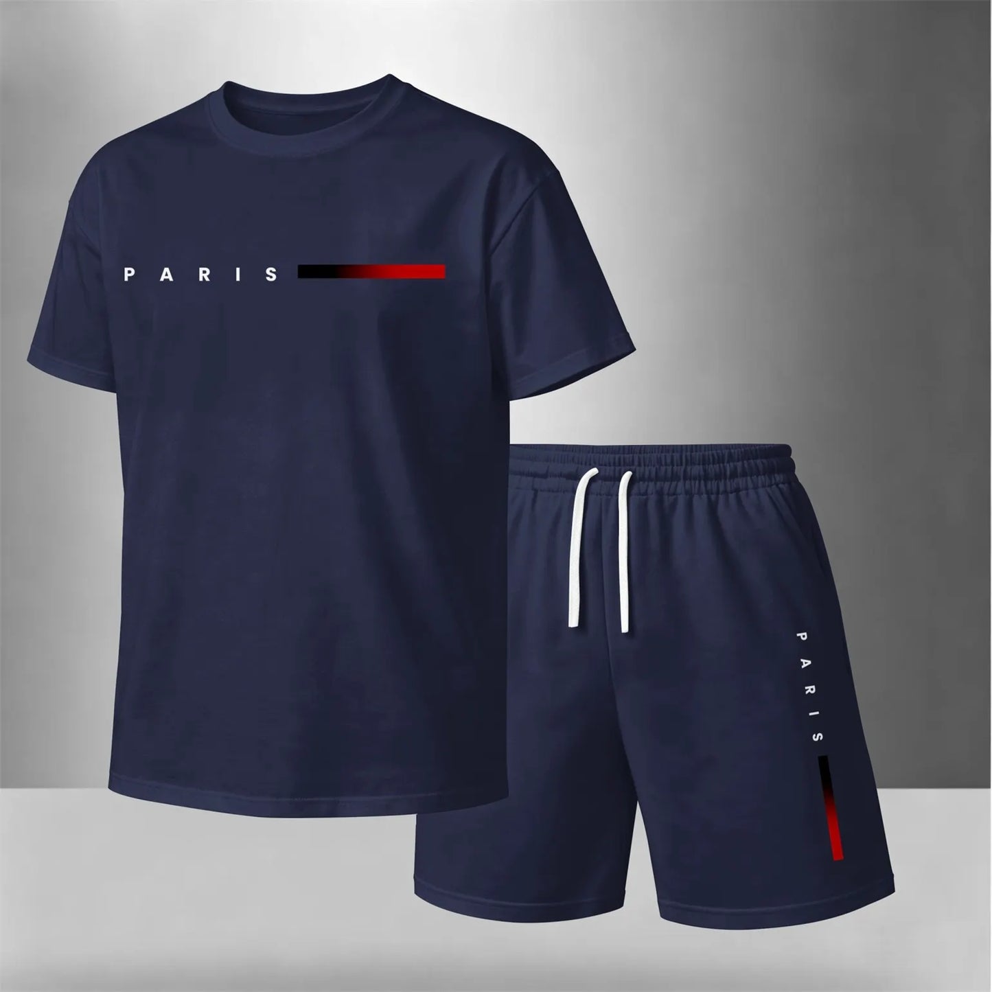 Men’s Summer 2 Piece Set, PARIS Letter Print Short Sleeve T Shirt and Drawstring Shorts Matching Outfit, Lightweight Breathable Casual Set for Travel, Streetwear, Beach, Vacation, and Daily Wear