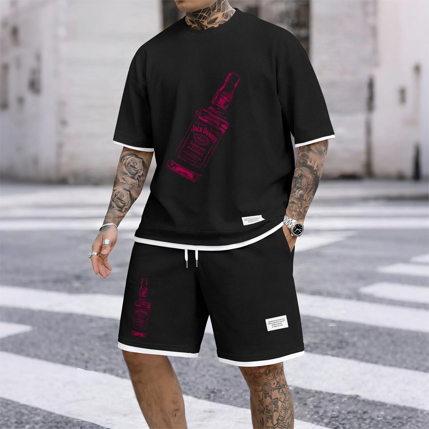 Men's Beer And Beverage Printed Drawstring Shorts Set, Suitable For Spring And Summer Wear, Casual Summer Set, Including Short-Sleeved Shirt And Shorts, Suitable For Everyday Wear And Sports 07