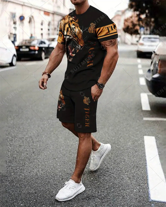 Men's Summer Animal Print Round Neck Set 948