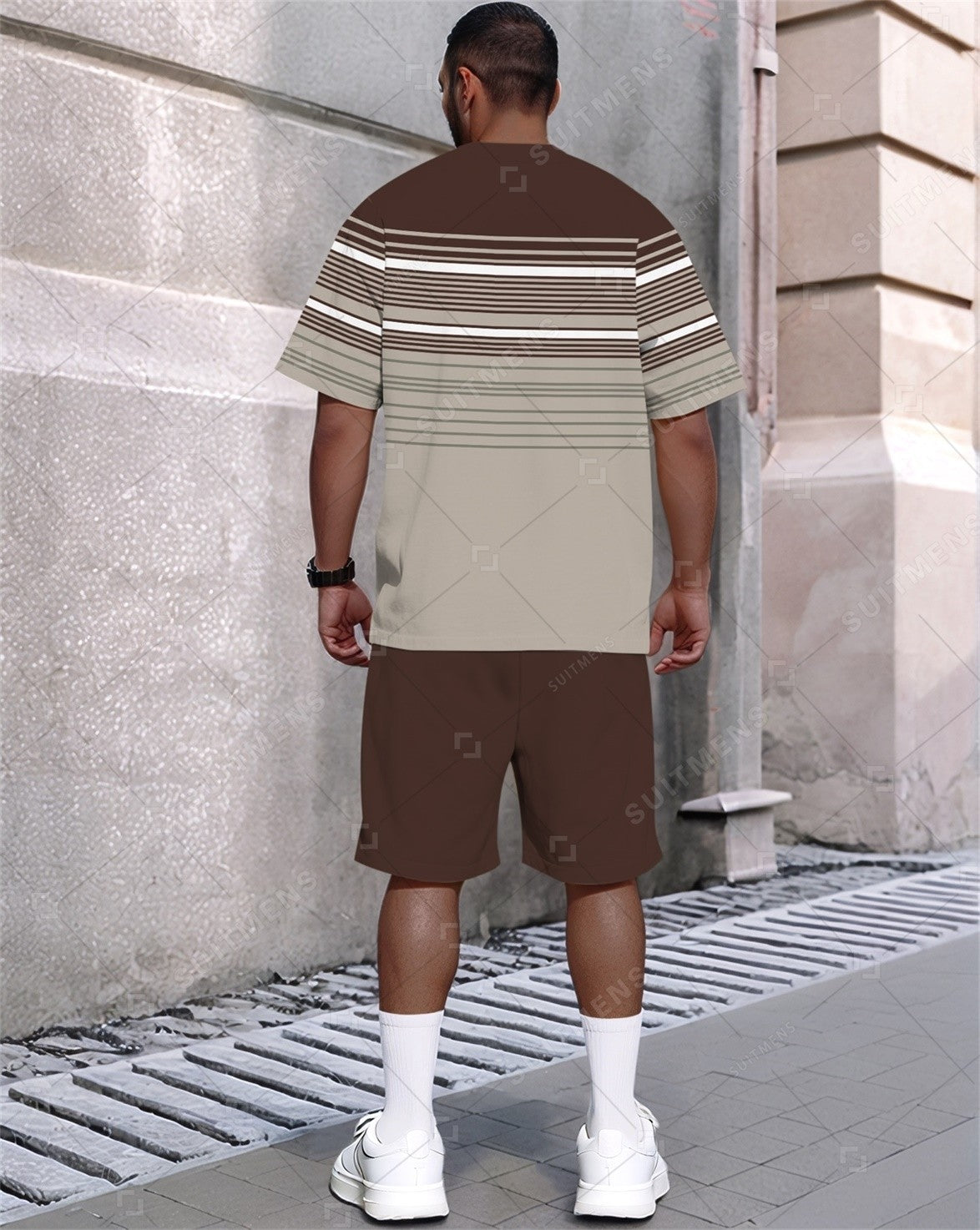 Men's Summer Color Matching Print Round Neck Set 318
