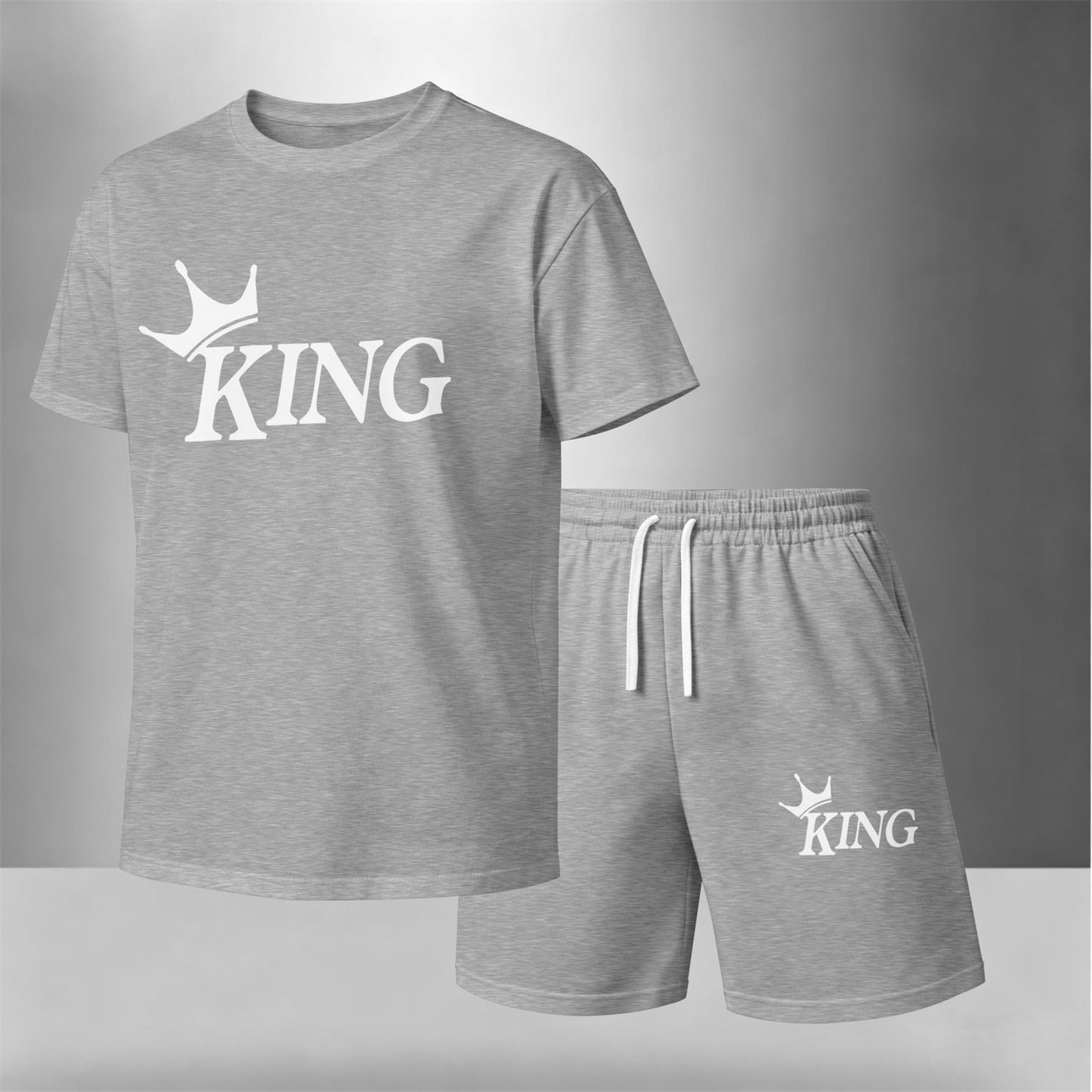Men’s Summer 2 Piece Set, KING Crown Print Short Sleeve T Shirt and Drawstring Shorts Matching Outfit, Lightweight Breathable Casual Set for Beach, Vacation, Gym, Travel, Running, and Daily Wear