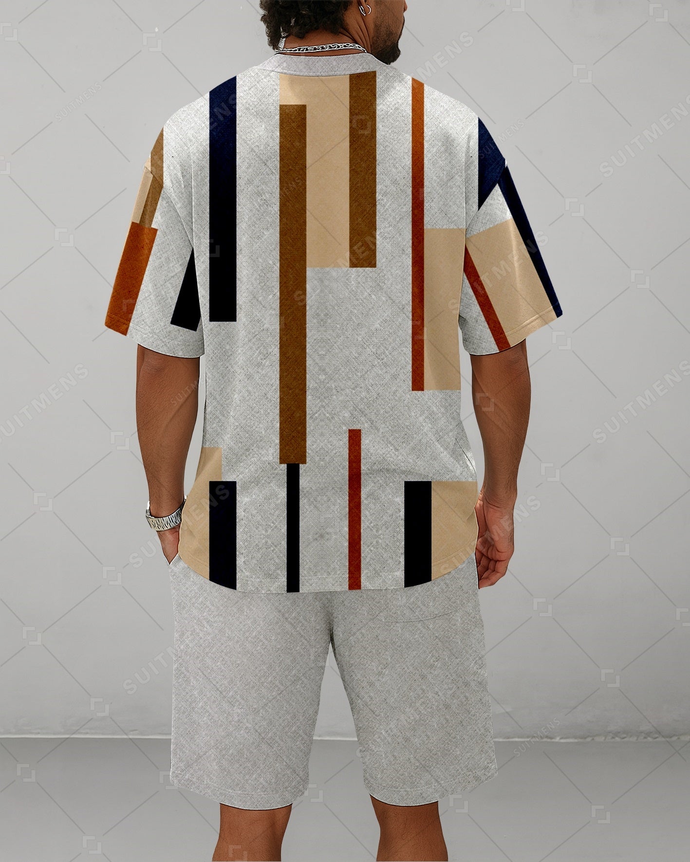 Men's Summer Colorblock Printed Round Neck Suit 065