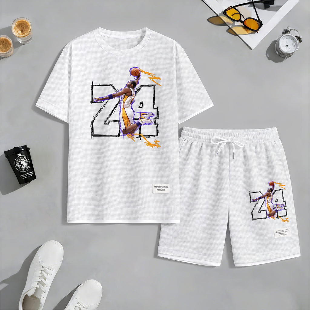 Men's No.24 Basketball Dunk Art Print Short Sleeve T-Shirt & Shorts Set, Summer Lightweight Waffle Sporty Casual Two-Piece Outfit, Streetwear for Basketball, Gym & Daily Wear