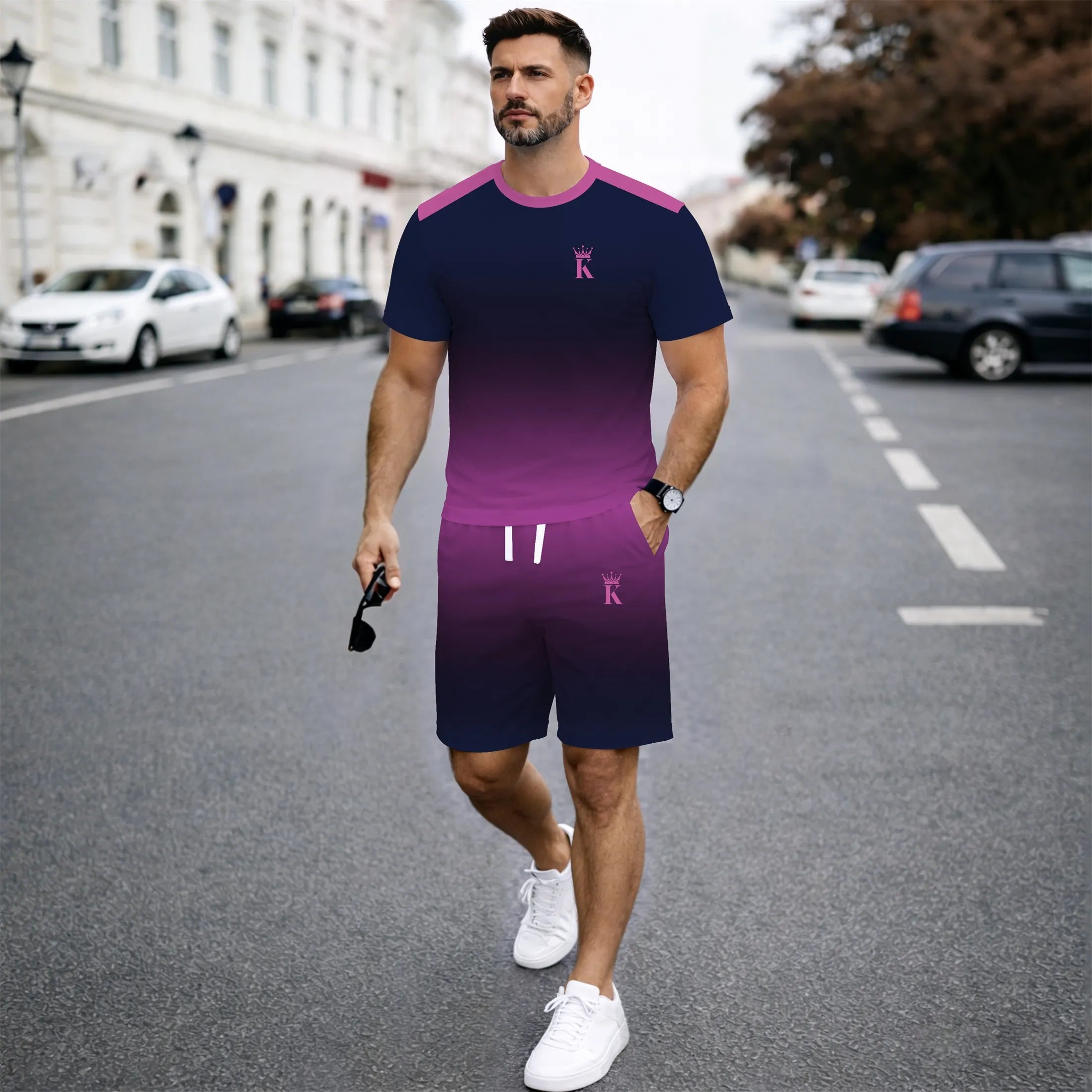 Men’s Gradient 2 Piece Shorts Set, Short Sleeve Crew Neck T Shirt and Drawstring Shorts Matching Outfit, Lightweight Breathable Casual Summer Set for Streetwear, Vacation, Travel, Gym, Outdoor Activities, and Daily Wear