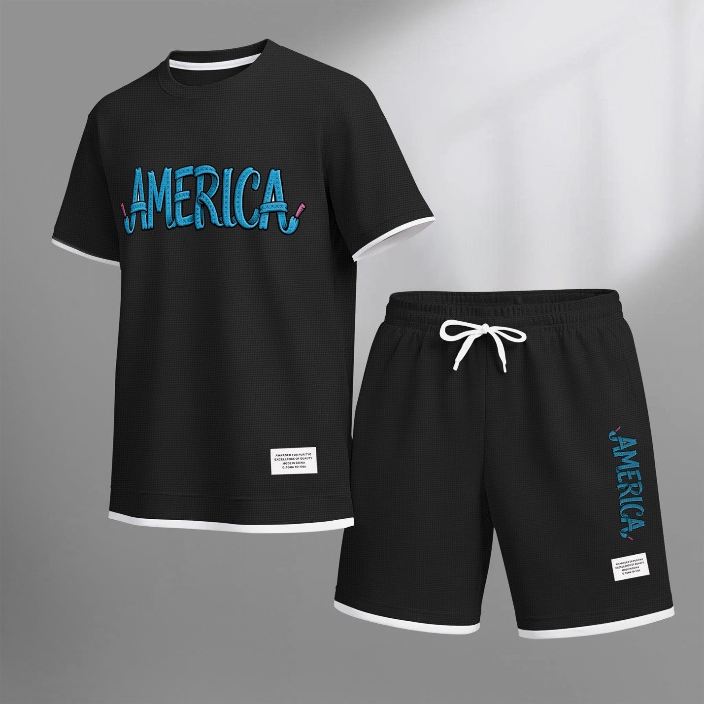 Men's American print drawstring shorts set for spring/summer, a casual summer outfit including a short-sleeved shirt and shorts, suitable for everyday wear and sports. A two-piece set for a relaxed and energetic lifestyle.