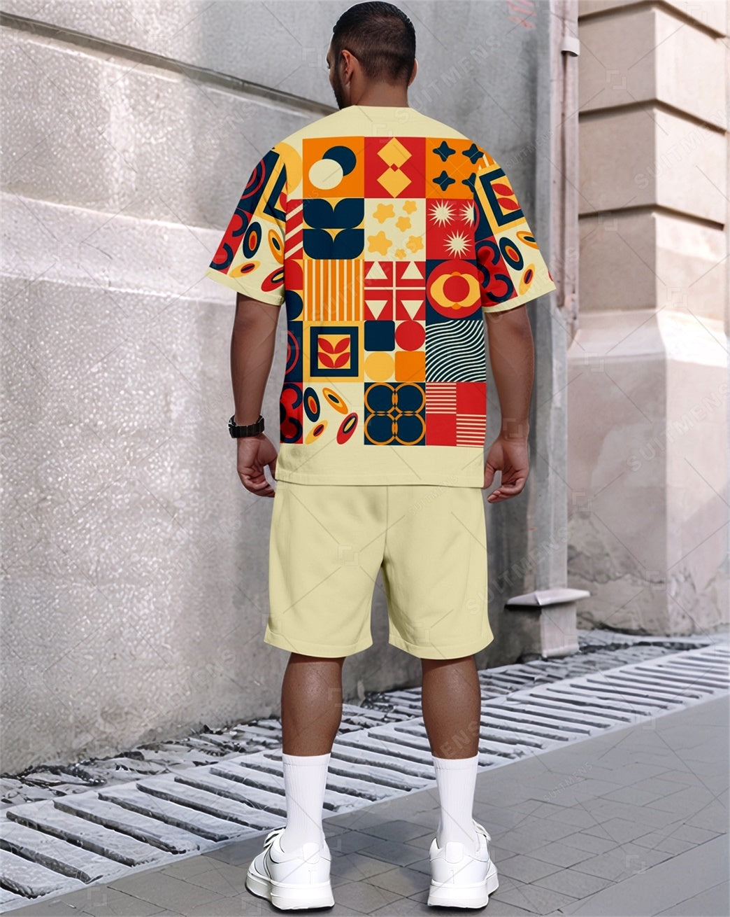 Men's Summer Colorblock Printed Round Neck Set 809