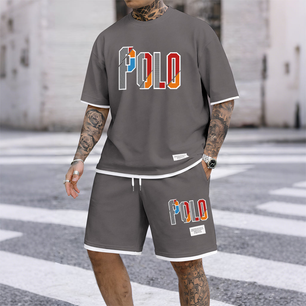 Men's Retro Cool Letter Print Short Sleeve T-Shirt & Shorts Set, Summer Lightweight Waffle Sporty Casual Two-Piece Outfit, Streetwear for Gym & Daily Wear