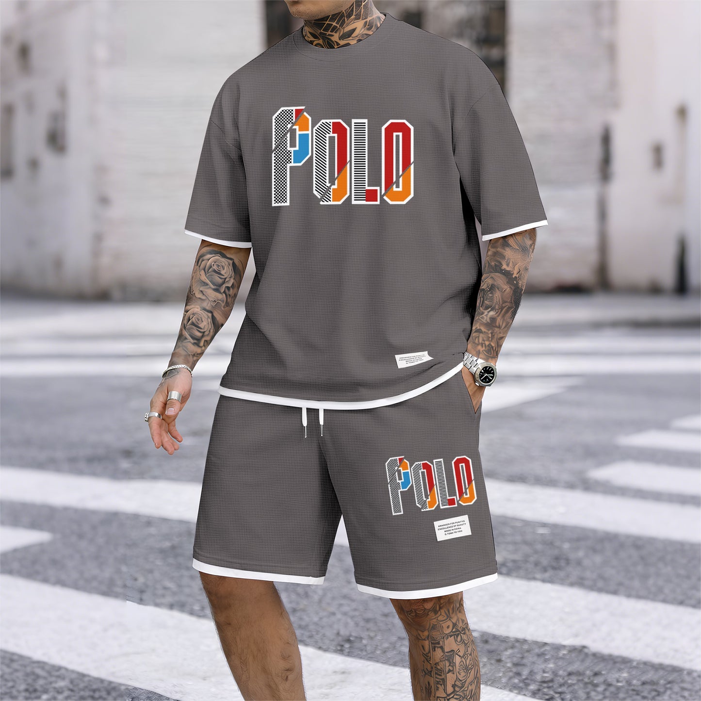 Men's Retro Cool Letter Print Short Sleeve T-Shirt & Shorts Set, Summer Lightweight Waffle Sporty Casual Two-Piece Outfit, Streetwear for Gym & Daily Wear