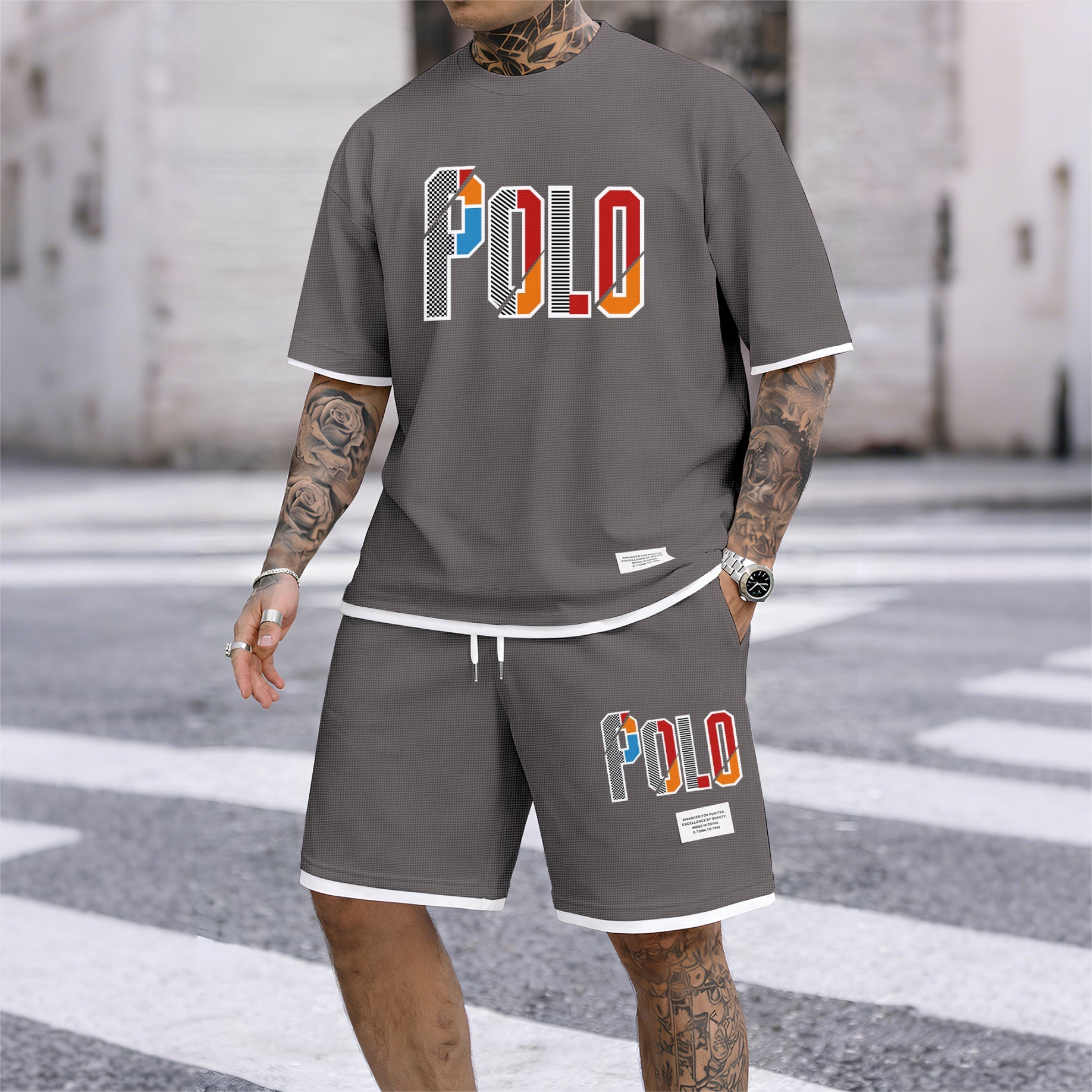 Men's Retro Cool Letter Print Short Sleeve T-Shirt & Shorts Set, Summer Lightweight Waffle Sporty Casual Two-Piece Outfit, Streetwear for Gym & Daily Wear