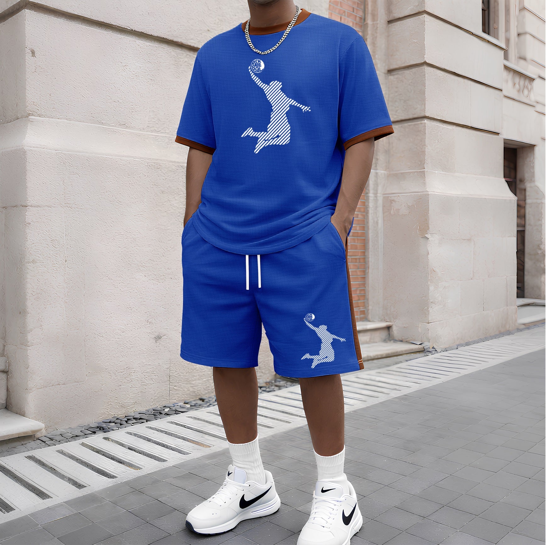 Men's Basketball Pattern Short-Sleeve T-Shirt and Drawstring Shorts Set, Men's Clothing, Casual Sporty Short-Sleeve Top and Shorts, Summer Men's Everyday Wear, Indoor and Outdoor Sportswear, Athletic Set