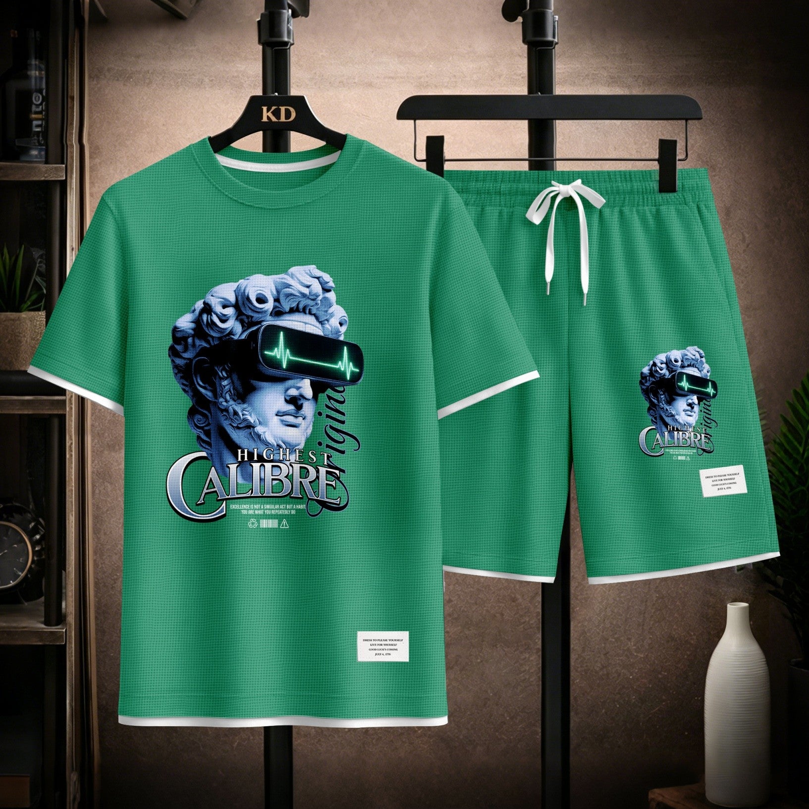 Men's Vintage Statue Graphic Print Short Sleeve Shirt and Drawstring Shorts Set, Casual Summer Two-Piece Outfit, Lightweight Breathable Relaxed Fit Sportswear for Daily Wear, Beach, Vacation, Travel, Loungewear