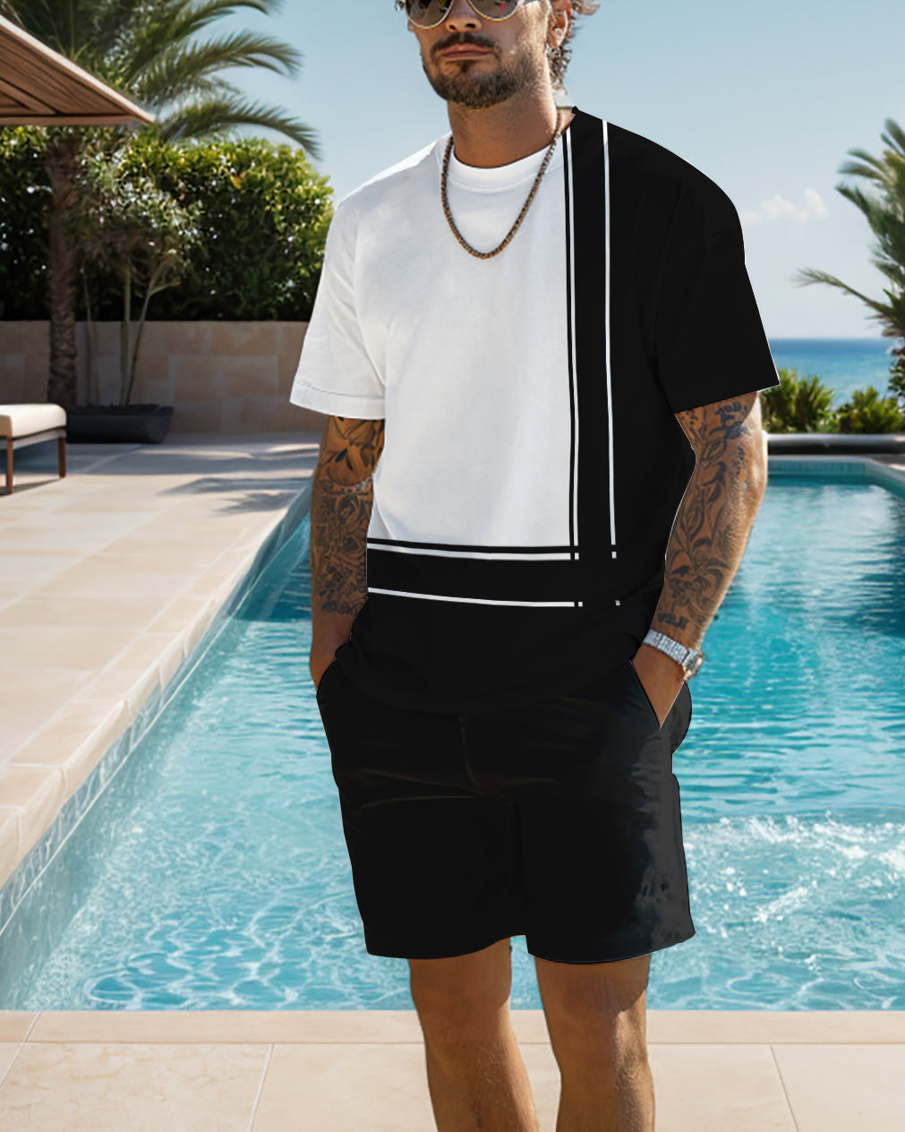 Men's color block printed shorts set 466