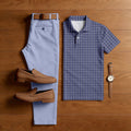 Men's Casual Purple Color Matching Checkered Printed Short Sleeved Polo Shirt & Trousers Two-Piece Set